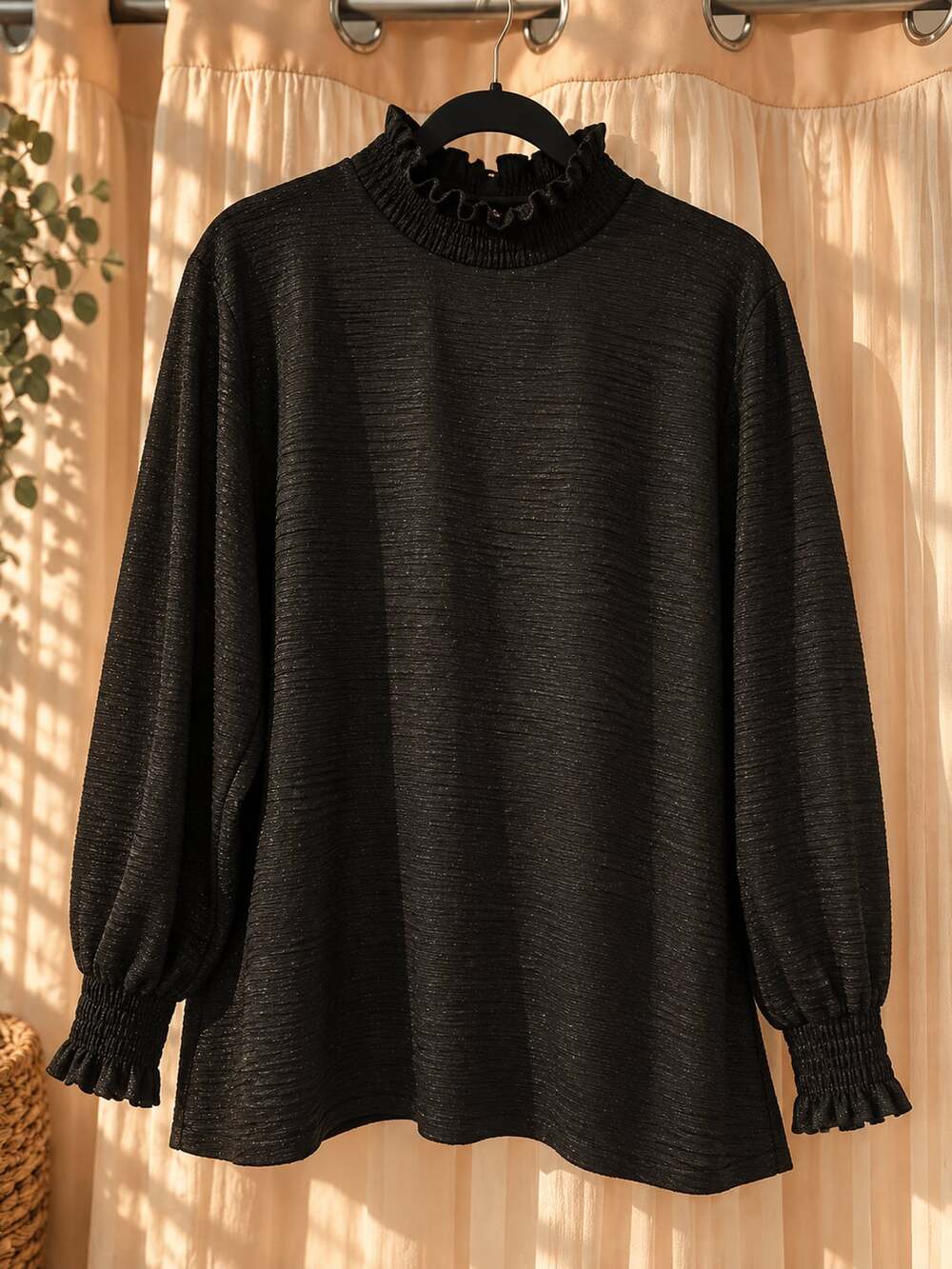 Shein Curve 4XL Black Shimmer Textured Mock Neck Puff Long Sleeve Ruffle Blouse